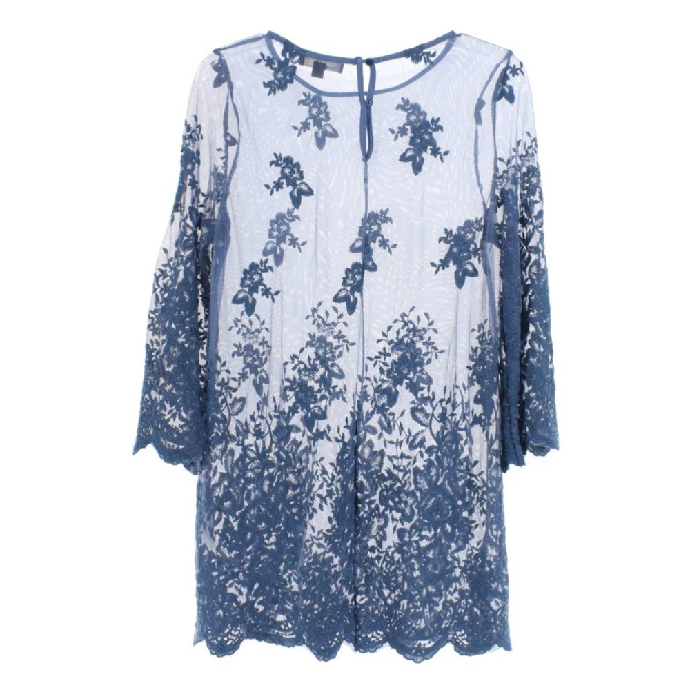 Suzanne Betro Lace Embroidered Sheer Blue Tunic L